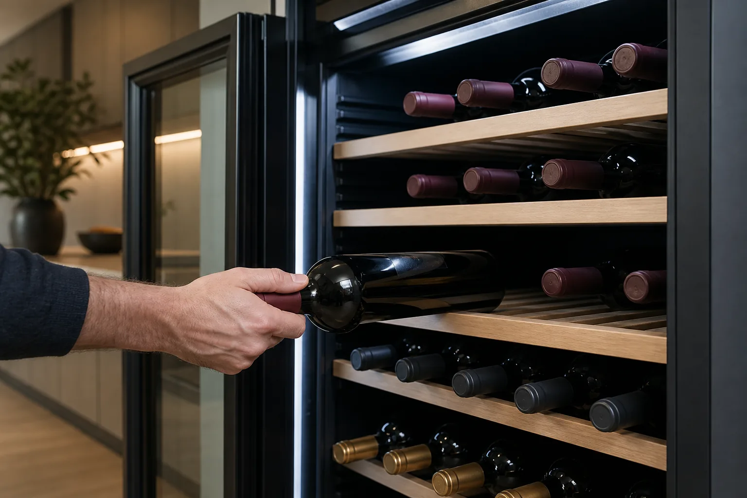 Eine Weinflasche wird in einen geordneten Weinkühlschrank gelegt.